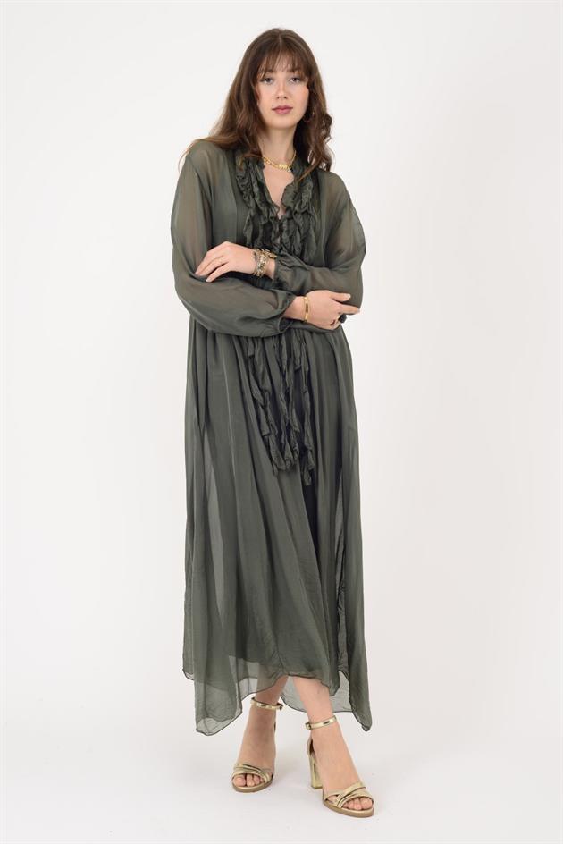 7513 COSTELLO FIRFIR DETAYLI UZUN İPEK ELBİSE