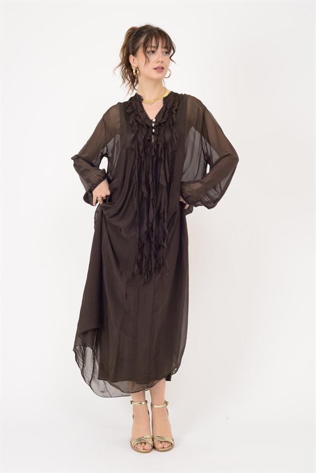 7513 COSTELLO FIRFIR DETAYLI UZUN İPEK ELBİSE