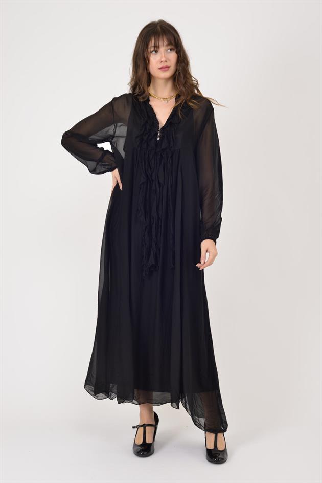 7513 COSTELLO FIRFIR DETAYLI UZUN İPEK ELBİSE