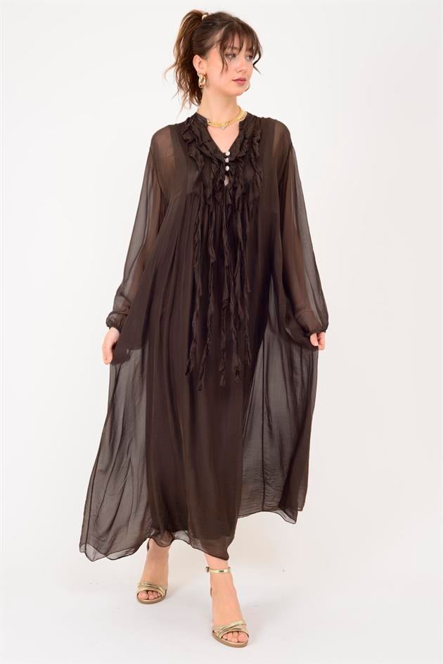 7513 COSTELLO FIRFIR DETAYLI UZUN İPEK ELBİSE