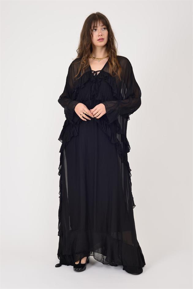 7522 DUBLIN FARBALALI ASTARLI UZUN İPEK ELBİSE