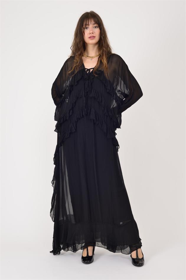 7522 DUBLIN FARBALALI ASTARLI UZUN İPEK ELBİSE