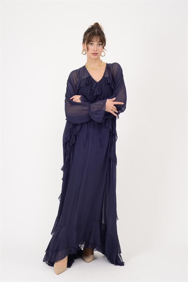 7522 DUBLIN FARBALALI ASTARLI UZUN İPEK ELBİSE