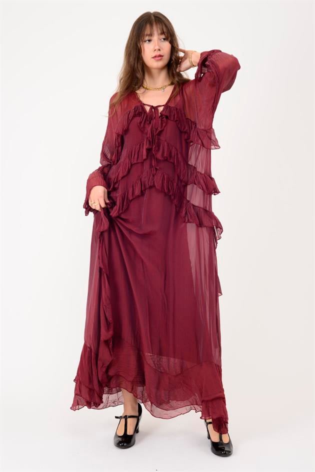 7522 DUBLIN FARBALALI ASTARLI UZUN İPEK ELBİSE