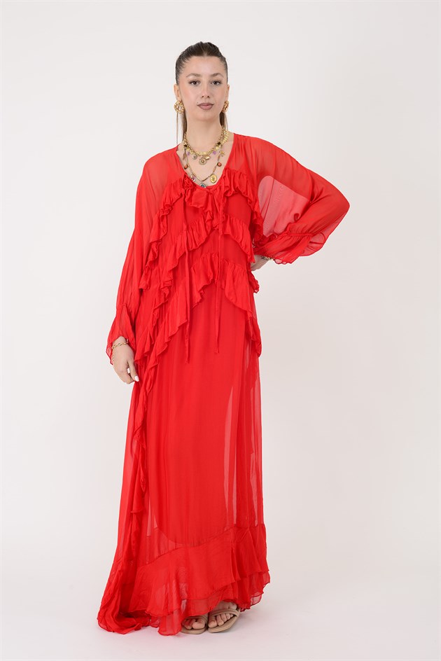 7522 DUBLIN FARBALALI ASTARLI UZUN İPEK ELBİSE