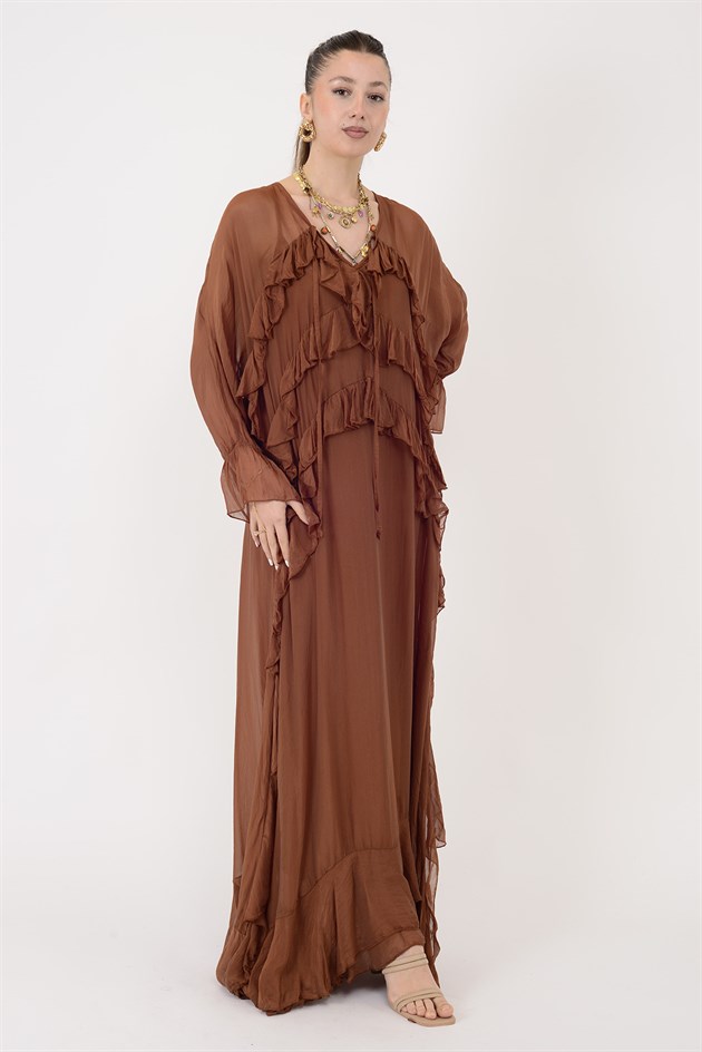 7522 DUBLIN FARBALALI ASTARLI UZUN İPEK ELBİSE