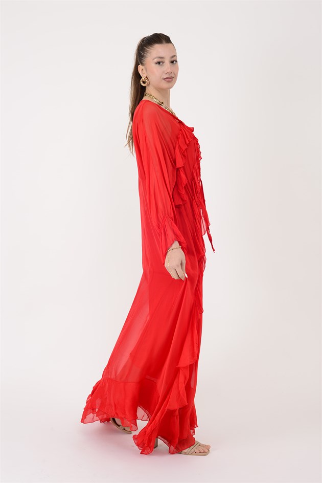 7522 DUBLIN FARBALALI ASTARLI UZUN İPEK ELBİSE