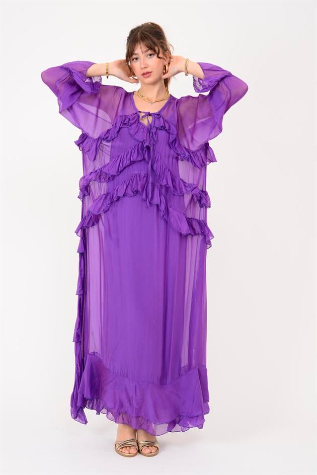 7522 DUBLIN FARBALALI ASTARLI UZUN İPEK ELBİSE