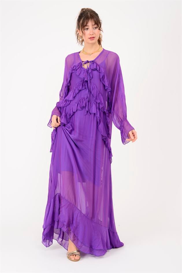 7522 DUBLIN FARBALALI ASTARLI UZUN İPEK ELBİSE