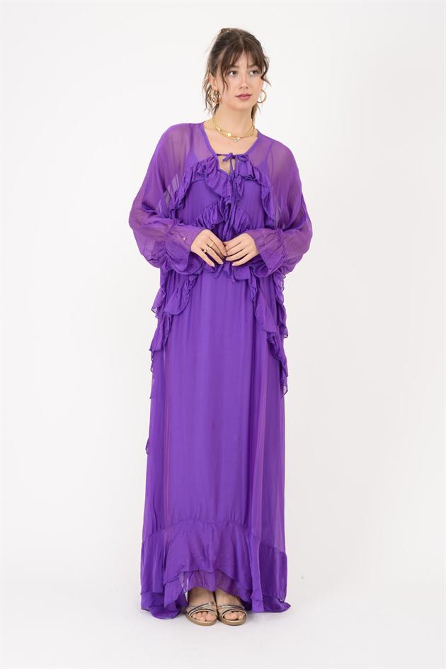 7522 DUBLIN FARBALALI ASTARLI UZUN İPEK ELBİSE