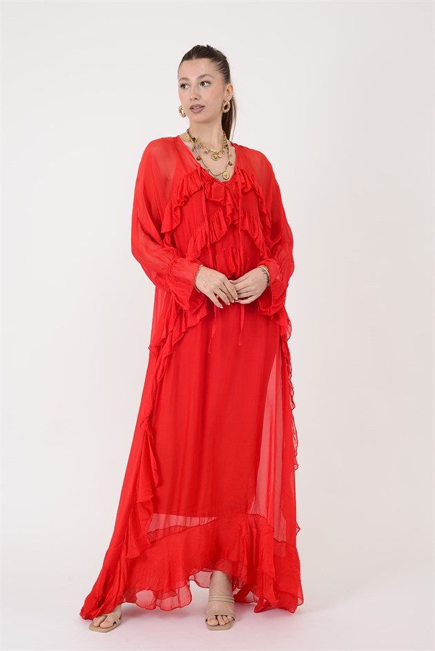 7522 DUBLIN FARBALALI ASTARLI UZUN İPEK ELBİSE