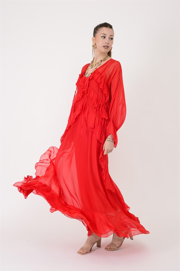 7522 DUBLIN FARBALALI ASTARLI UZUN İPEK ELBİSE