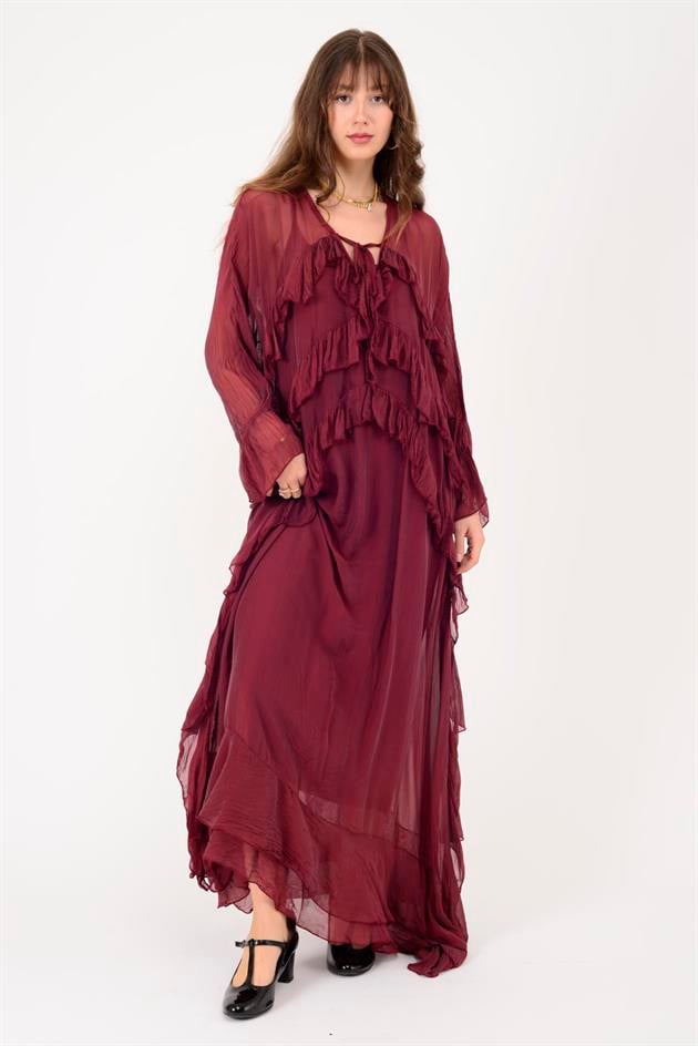 7522 DUBLIN FARBALALI ASTARLI UZUN İPEK ELBİSE