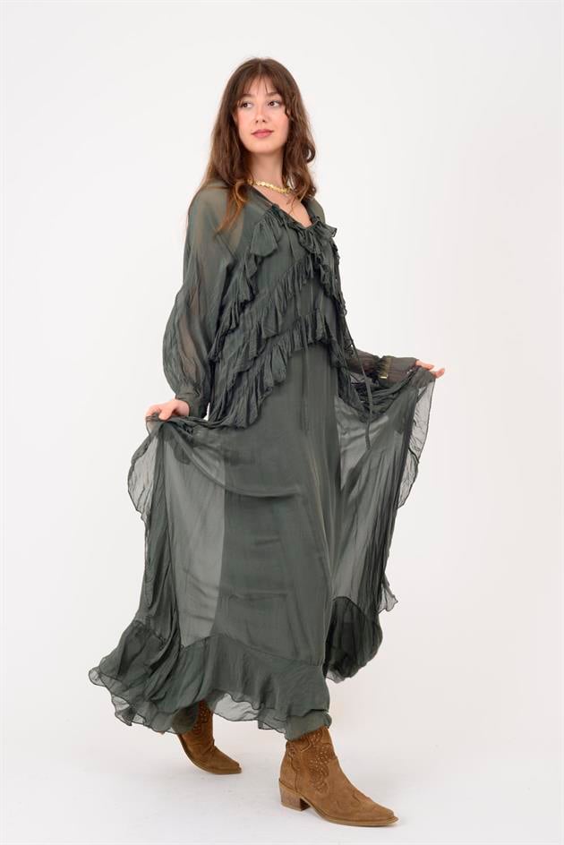 7522 DUBLIN FARBALALI ASTARLI UZUN İPEK ELBİSE