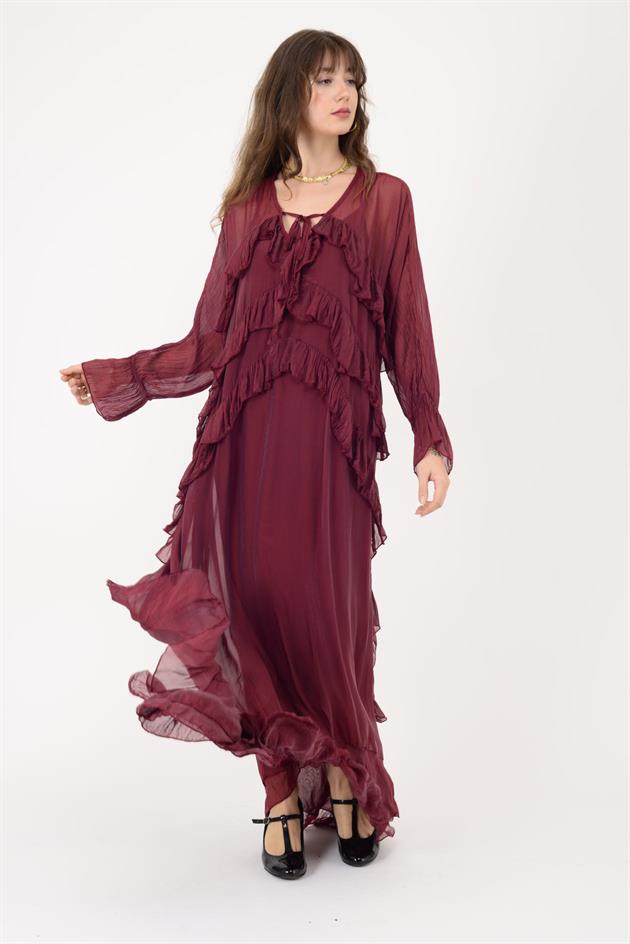 7522 DUBLIN FARBALALI ASTARLI UZUN İPEK ELBİSE