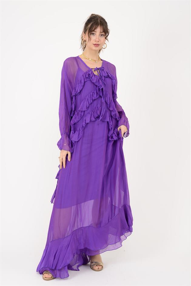 7522 DUBLIN FARBALALI ASTARLI UZUN İPEK ELBİSE