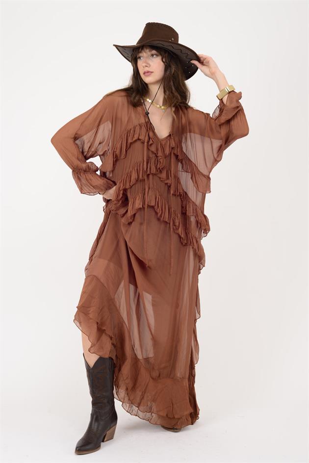 7522 DUBLIN FARBALALI ASTARLI UZUN İPEK ELBİSE