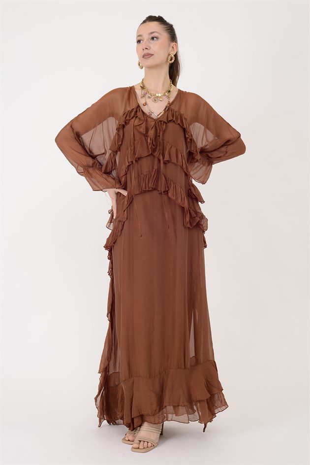 7522 DUBLIN FARBALALI ASTARLI UZUN İPEK ELBİSE