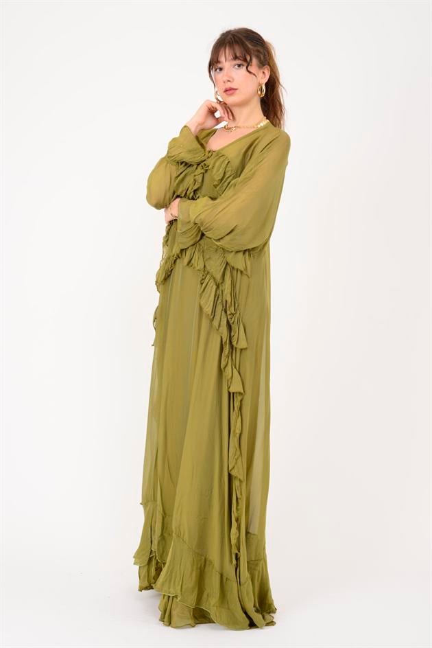 7522 DUBLIN FARBALALI ASTARLI UZUN İPEK ELBİSE