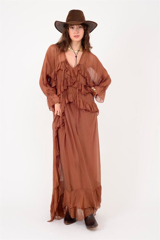 7522 DUBLIN FARBALALI ASTARLI UZUN İPEK ELBİSE