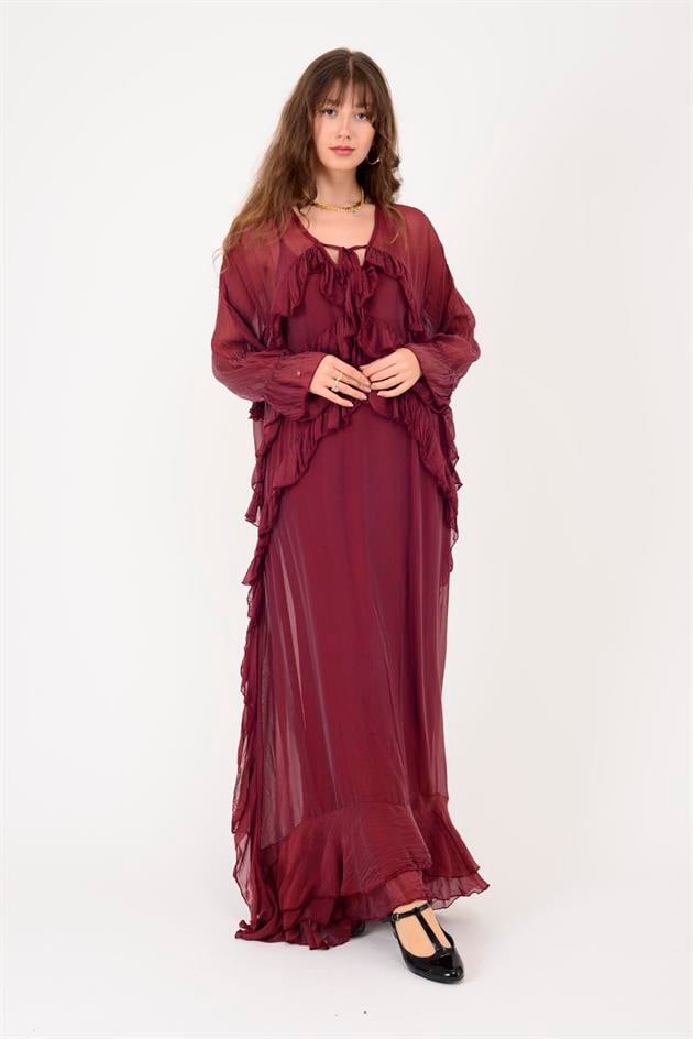 7522 DUBLIN FARBALALI ASTARLI UZUN İPEK ELBİSE