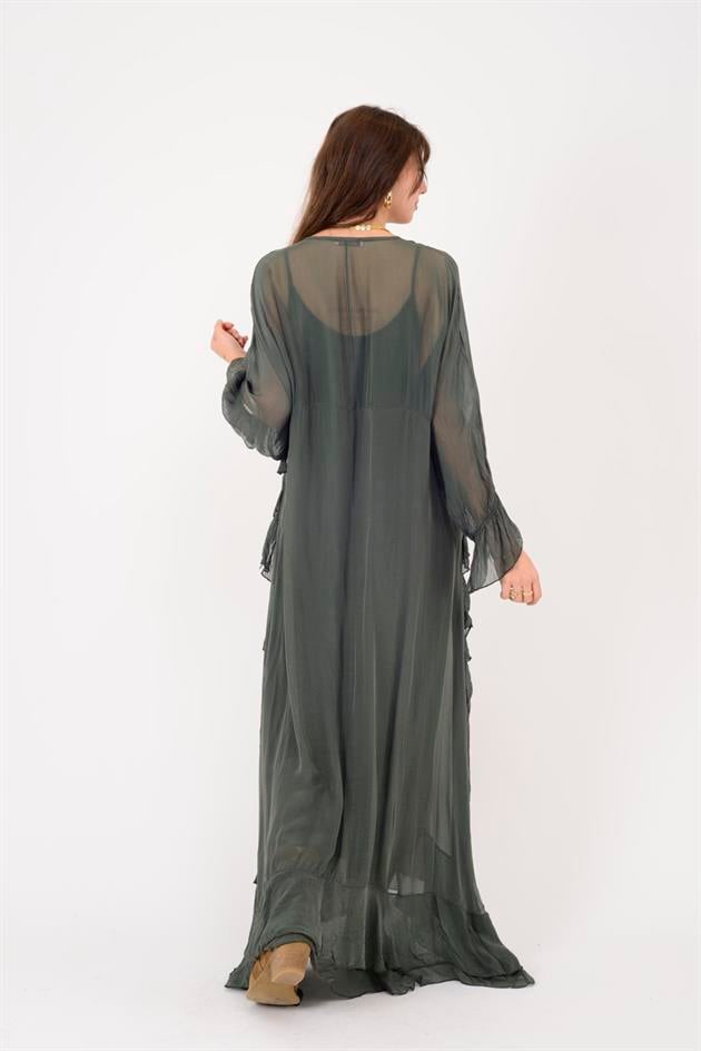 7522 DUBLIN FARBALALI ASTARLI UZUN İPEK ELBİSE