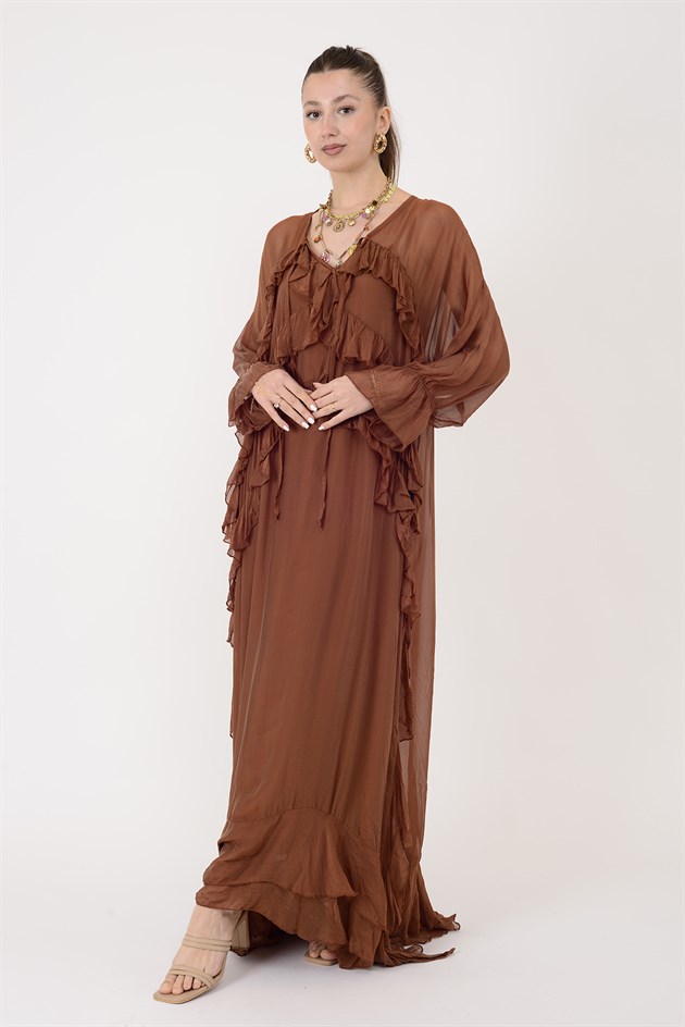 7522 DUBLIN FARBALALI ASTARLI UZUN İPEK ELBİSE