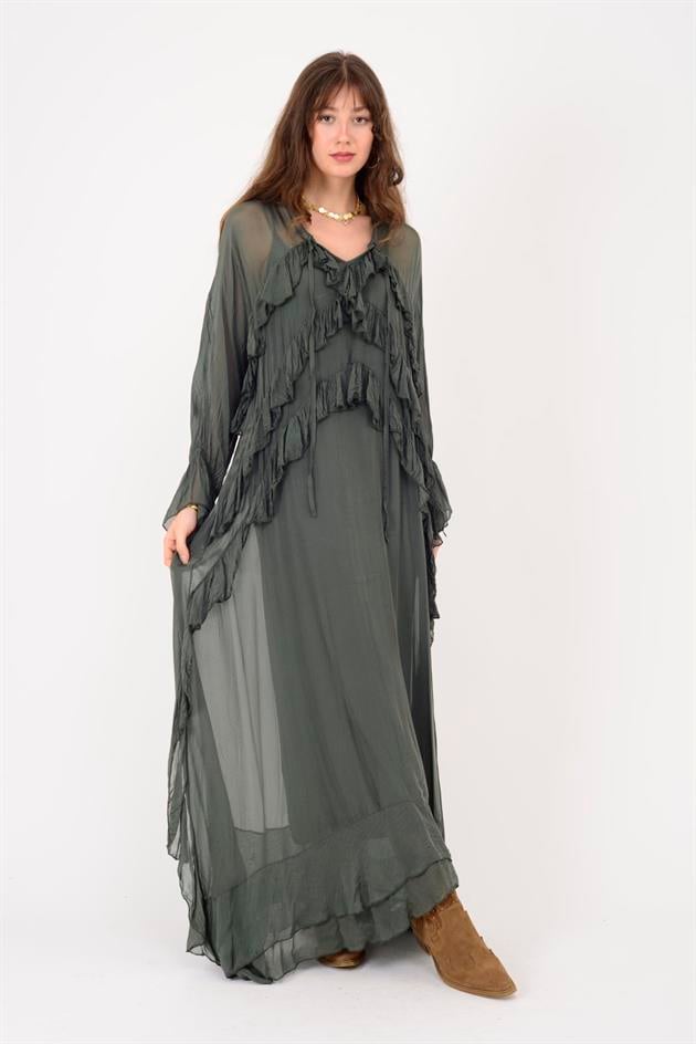 7522 DUBLIN FARBALALI ASTARLI UZUN İPEK ELBİSE