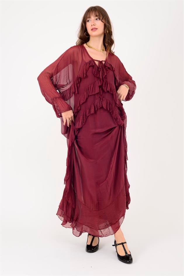 7522 DUBLIN FARBALALI ASTARLI UZUN İPEK ELBİSE