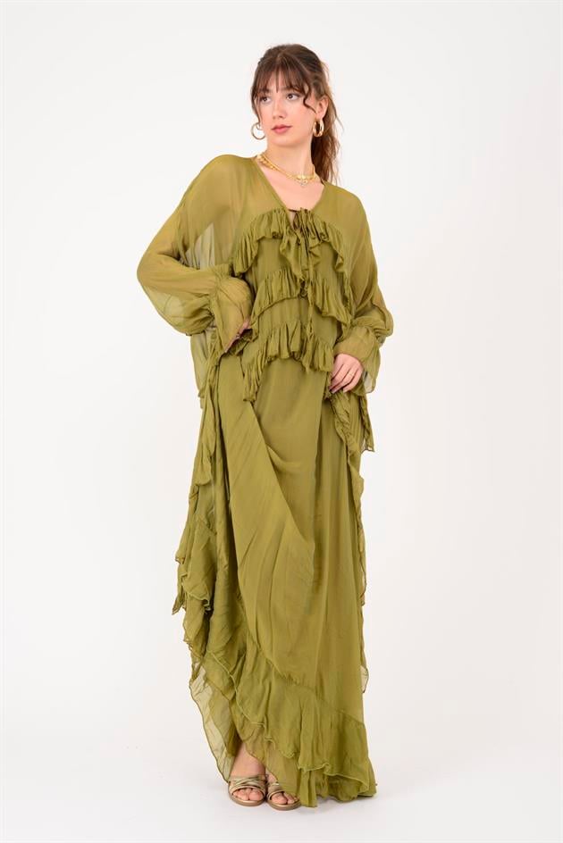 7522 DUBLIN FARBALALI ASTARLI UZUN İPEK ELBİSE