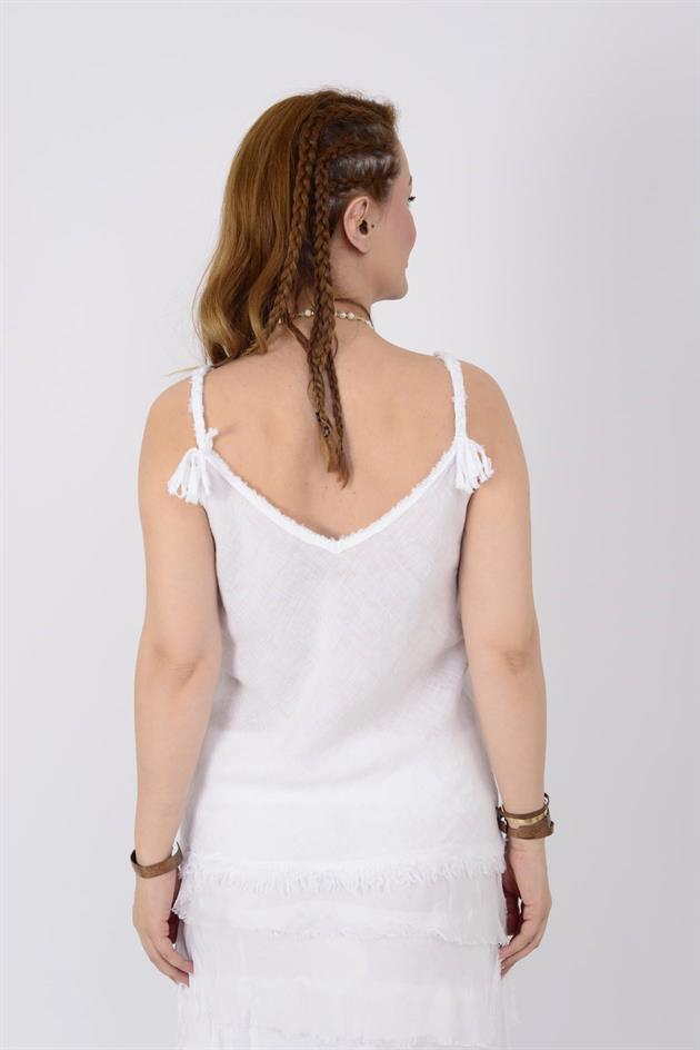 80471 SAÇAK DETAYLI ASKILI KETEN BLUZ