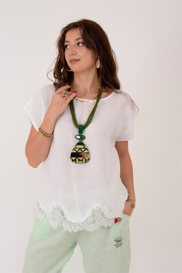 81674 DANTEL DETAYLI KISA KOL KETEN BLUZ