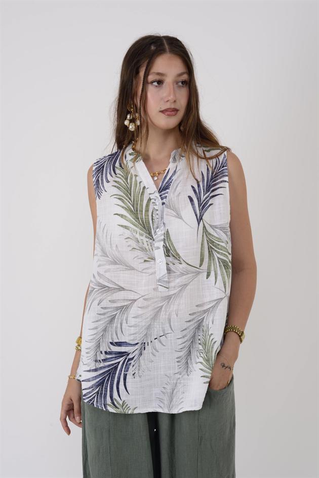 8228 TROPİKAL DESEN KOLSUZ GÖMLEK BLUZ
