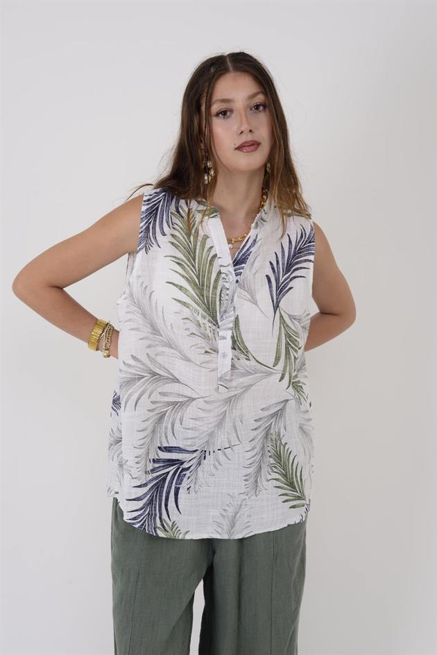 8228 TROPİKAL DESEN KOLSUZ GÖMLEK BLUZ