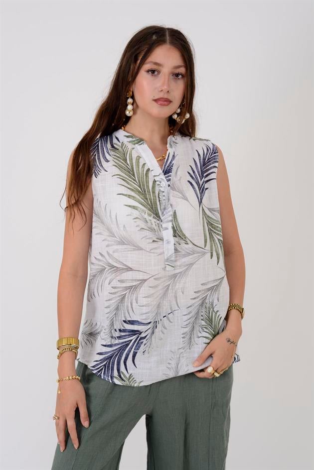 8228 TROPİKAL DESEN KOLSUZ GÖMLEK BLUZ