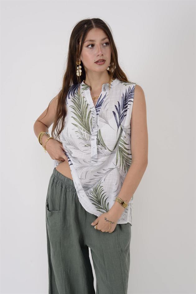 8228 TROPİKAL DESEN KOLSUZ GÖMLEK BLUZ