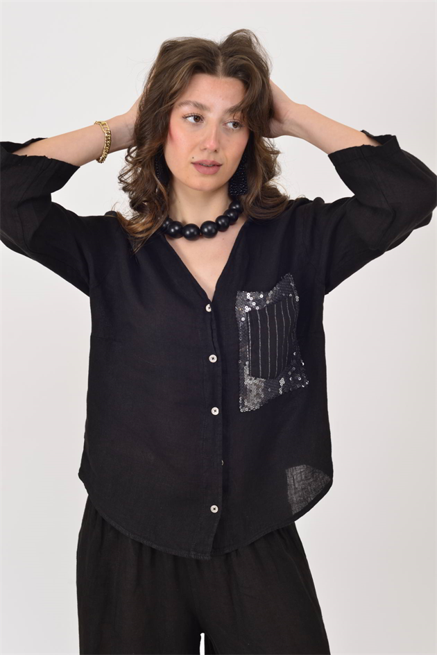 82578 SIRTI GÜPÜR DETAYLI PAYETLİ CEP DETAYLI GÖMLEK