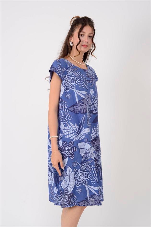 8343 TROPİKAL DESEN KISA KETEN ELBİSE