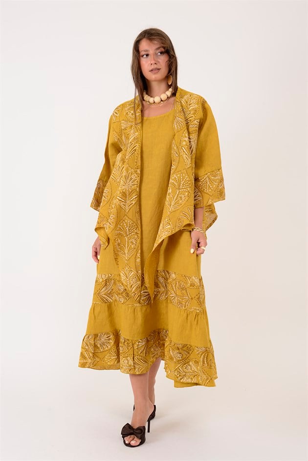 8399 LOVA YAPRAK DESEN BOLERO CEKETLİ 2Lİ KETEN TAKIM