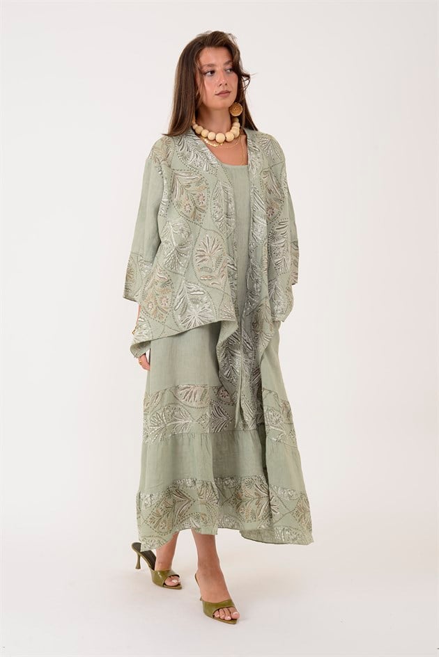 8399 LOVA YAPRAK DESEN BOLERO CEKETLİ 2Lİ KETEN TAKIM