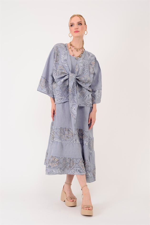 8399 LOVA YAPRAK DESEN BOLERO CEKETLİ 2Lİ KETEN TAKIM