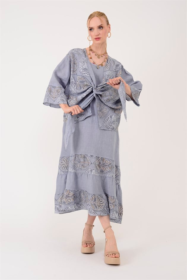 8399 LOVA YAPRAK DESEN BOLERO CEKETLİ 2Lİ KETEN TAKIM