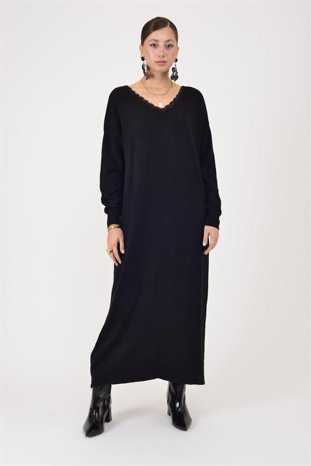 8612 IDOL SIRTI FİYONK DETAYLI YAKASI DANTELLİ TRİKO ELBİSE