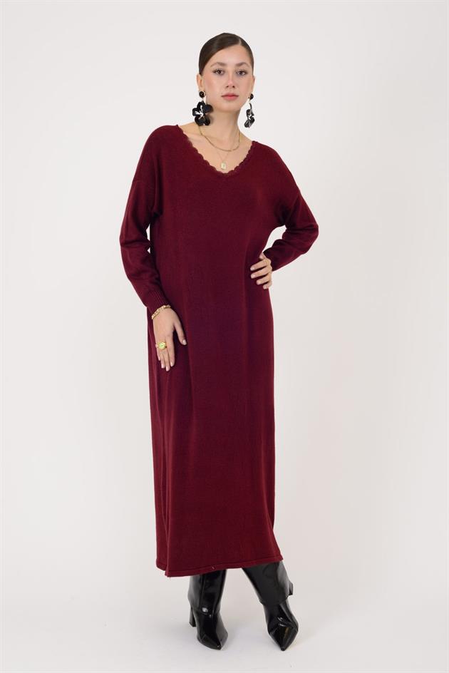 8612 IDOL SIRTI FİYONK DETAYLI YAKASI DANTELLİ TRİKO ELBİSE