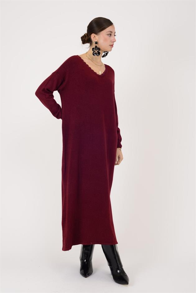 8612 IDOL SIRTI FİYONK DETAYLI YAKASI DANTELLİ TRİKO ELBİSE