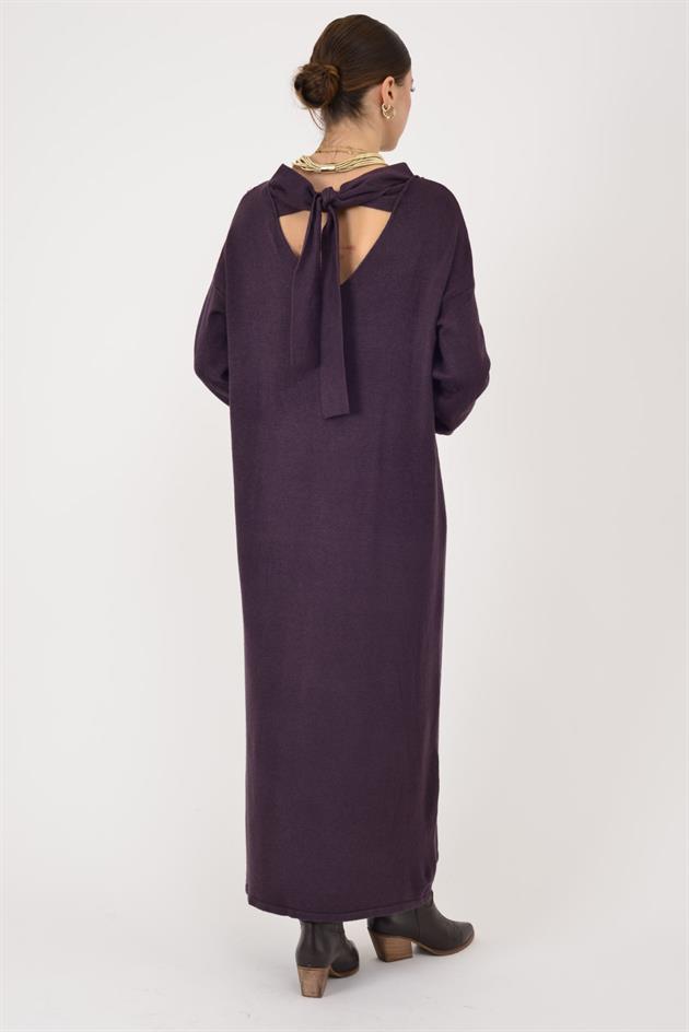 8612 IDOL SIRTI FİYONK DETAYLI YAKASI DANTELLİ TRİKO ELBİSE