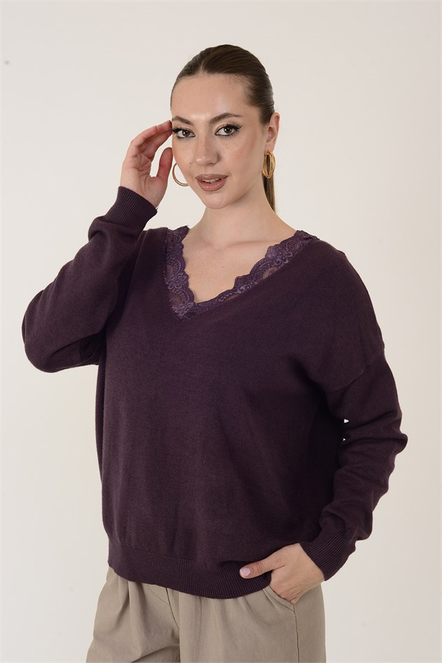 8651 DANTEL DETAYLI V YAKA TRİKO