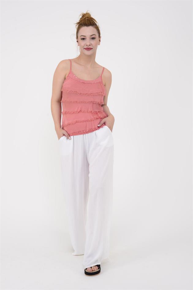 8689 YAKASI PAYETLİ KAT KAT ASKILI İPEK BLUZ