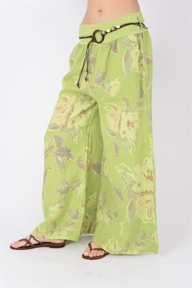8730 ÇİÇEK DESEN GENİŞ PAÇA KEMERLİ PANTOLON