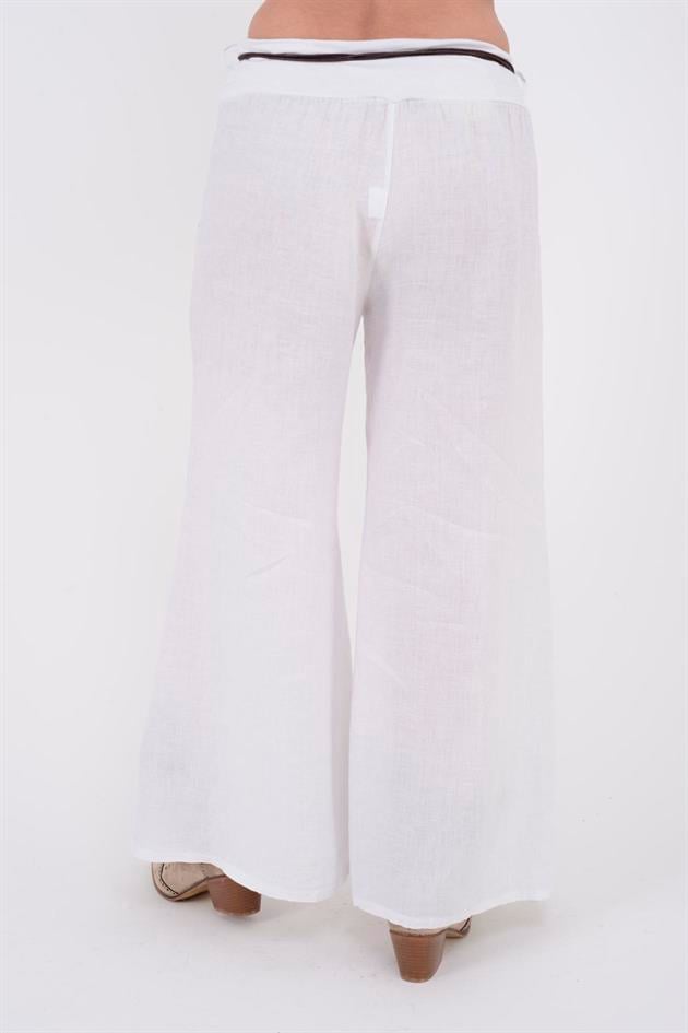 8730  GENİŞ PAÇA KEMERLİ KETEN PANTOLON